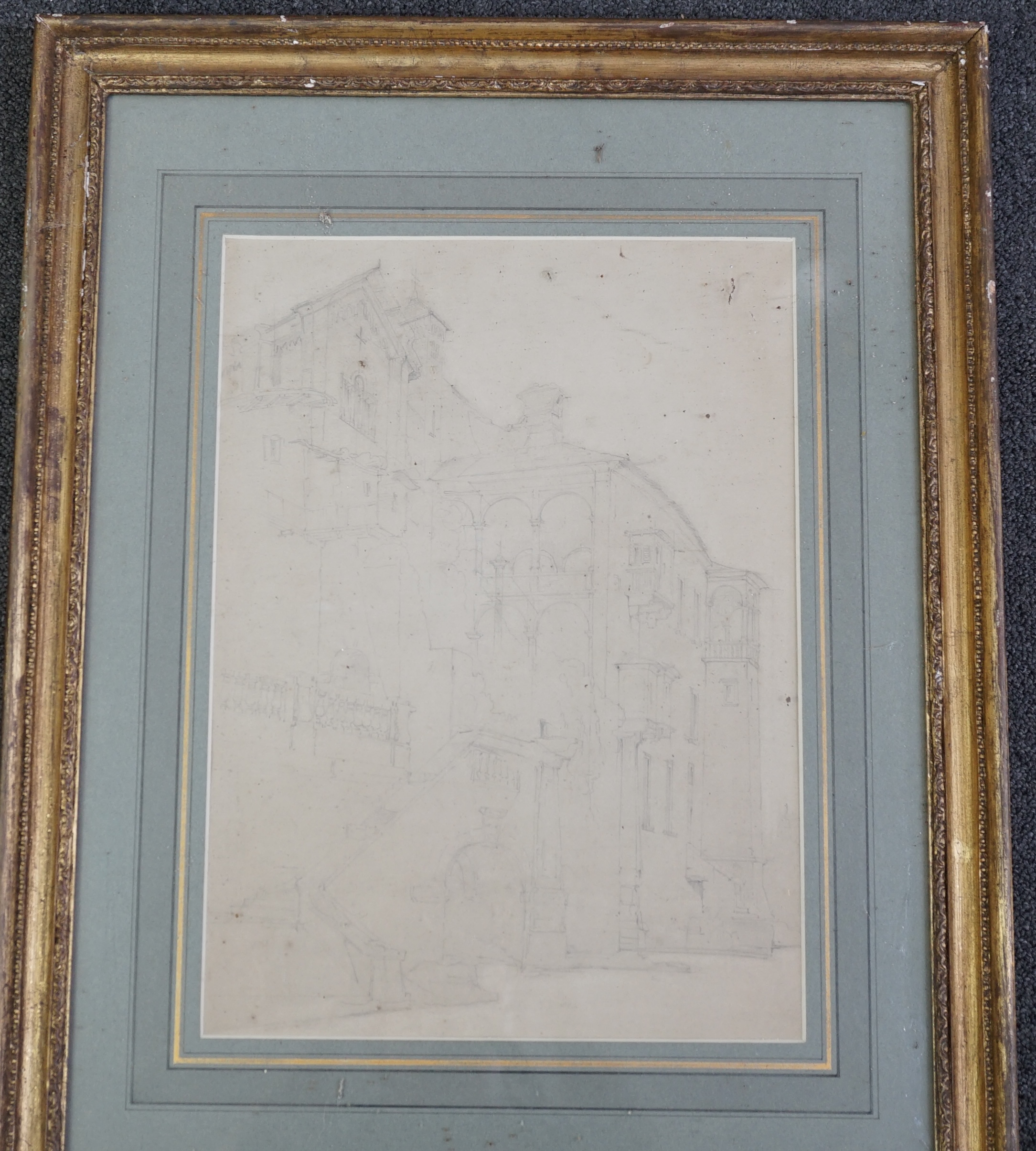 Attributed to John Frederick Lewis RA (1805-1876) pencil drawing, Study of the facade of a cathedral in Spain, possibly Santiago de Compostela, 39.5 x 29cm. Condition - fair